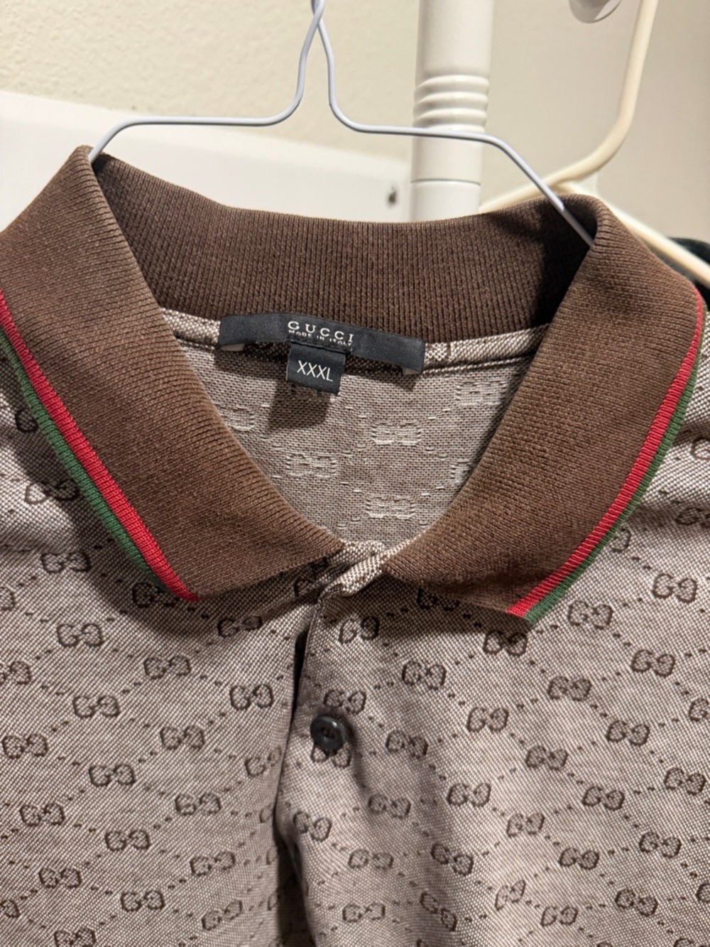 Gucci Brown Monogram Polo with Green-Red Stripe